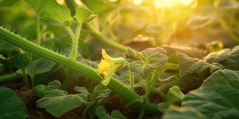 Growth of Cucumbers and Flower on Stem in Garden Under Setting Sun