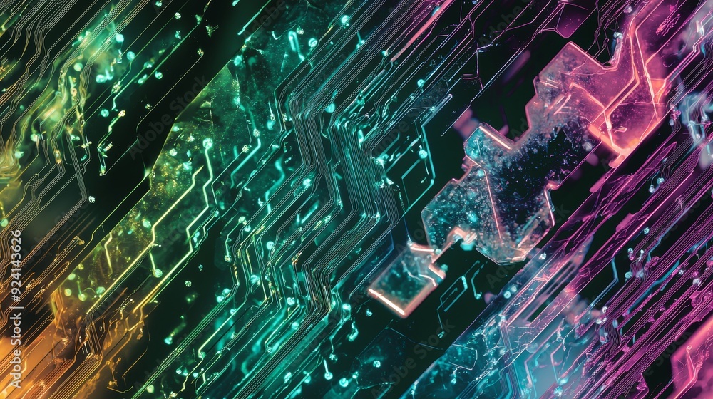 Poster glowing electronic circuit board with vibrant colors and intricate patterns, representing data flow 