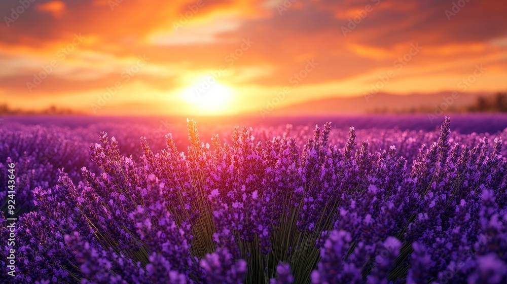 Sticker sunset over lavender field