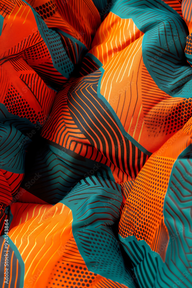 Poster textured fabric with colorful geometric patterns in orange and teal illuminated by soft indoor light