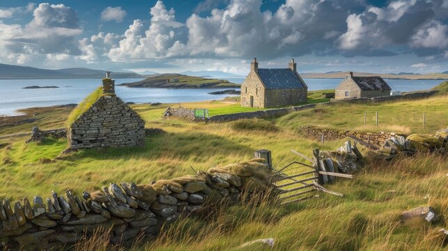 Scenic island view  gearrannan blackhouse village, lewis and harris, outer hebrides, scotland