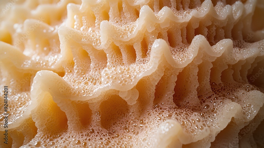 Poster a macro shot of a culinary creation resembling coral with air pockets above and below