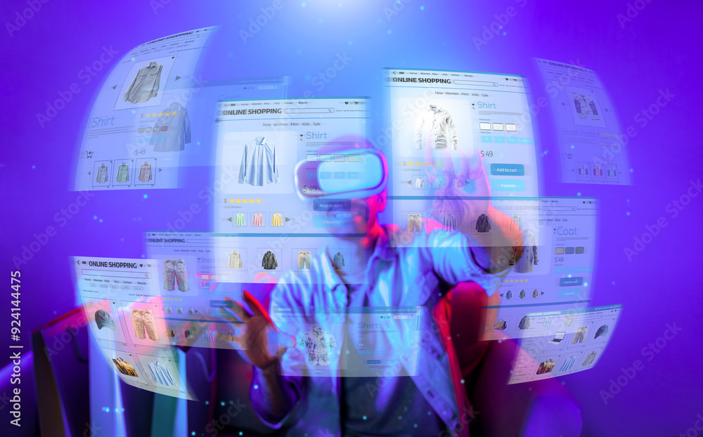 Poster caucasian man choosing and selecting product for shopping list while wearing visual reality goggles.