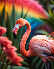 Obraz premium Pink flamingo standing in a colorful surreal landscape with giant flowers