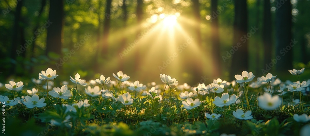 Wall mural Sunbeams through Forest Flowers