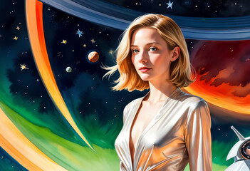 Young female astronaut on the background of futuristic space and planets. Caucasian woman with long blonde hair in white dress against colorful space background with planets, stars and nebulae