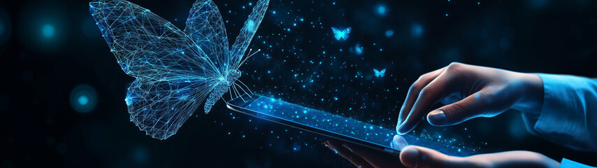 Abstract digital butterfly flying out from tablet computer, technology evolution and innovation concept. Futuristic low poly wireframe illustration, created with generative AI technology 