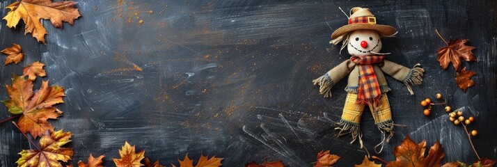 Scarecrow and autumn leaves arranged on a blank chalkboard backdrop for seasonal messaging.