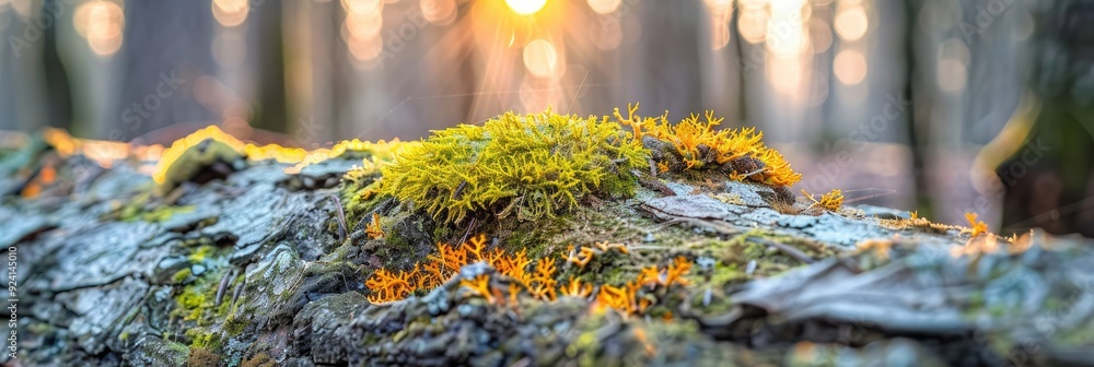 Poster colorful lichen on a decomposed tree in a forest during early spring with a shallow focus.