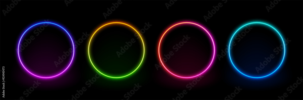 Poster neon circle frame. illuminate frame design. set of round neon border. futuristic graphic element for