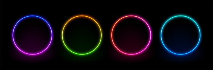 Neon circle frame. Illuminate frame design. Set of round neon border. Futuristic graphic element for social media stories. Glowing neon lighting on dark background. Blue, pink, purple, violet. Vector