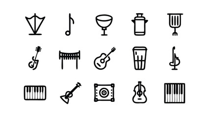 Set of 16 musical instruments icons in black linear style.