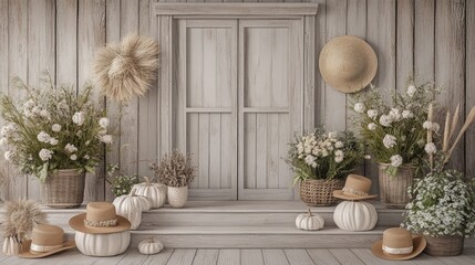 Fototapeta premium Decorations of pumpkins, colorful chrysanthemums, and hay bales adorn the wooden staircase, creating a warm atmosphere for autumn celebrations