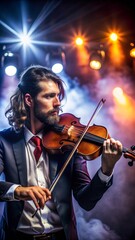 Fototapeta premium Portrait of a musician, with instrument, stage lighting, concert setting, passionate mood.