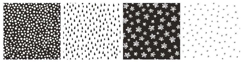 A set of seamless patterns with a simple monochrome print. Abstract flowers, drops, hand draw dots. Vector graphics.