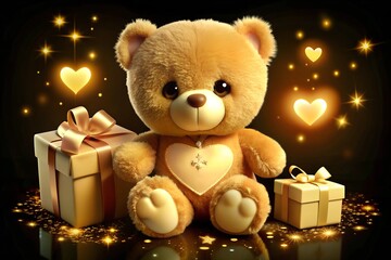 cute beige teddy bear with a heart, surrounded by gifts, on a golden festive background with hearts. greeting card