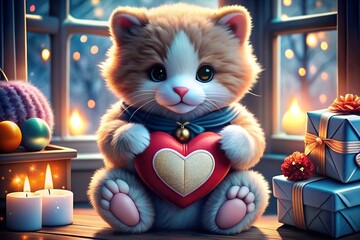 cute caty bear with a heart and gifts on a Christmas background