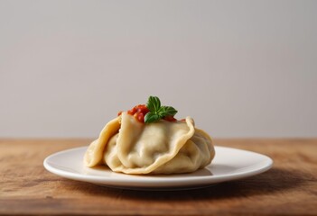 Delicately Crafted Pierogi with Mint and Red Sauce on White Plate
