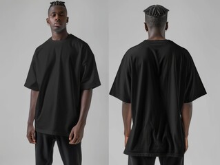 Oversized black T-shirt mockup front and back view on a model.