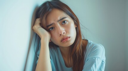 
alone young asian woman An expression of a young woman facing problems, difficulties, feelings of failure and exhaustion. Suffering from loneliness, sorrow