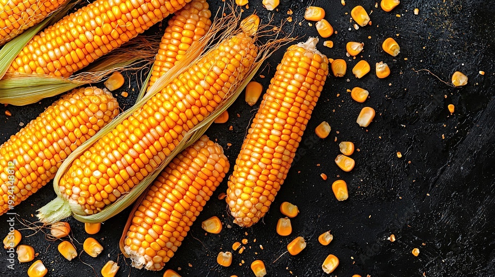 Poster a close-up of corn on the cob with kernels still on it