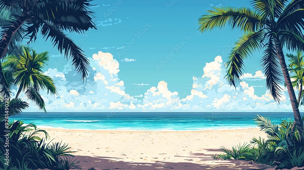 Poster a painting of a beach with palm trees in the foreground and a blue sky with clouds in the background