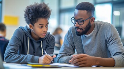 A dedicated teacher mentors a student, offering guidance, support, and fostering a love for learning.