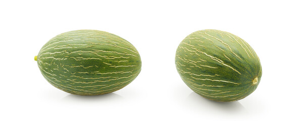 Whole green Piel de sapo melon (Santa Claus melon) isolated on white background    