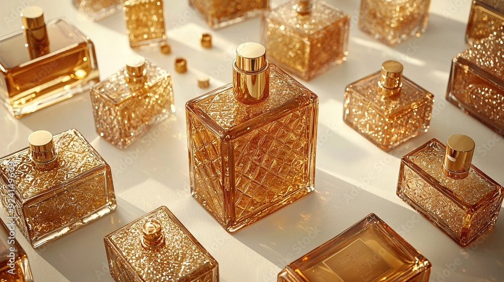 Poster a table topped with multiple bottles containing gold flecks