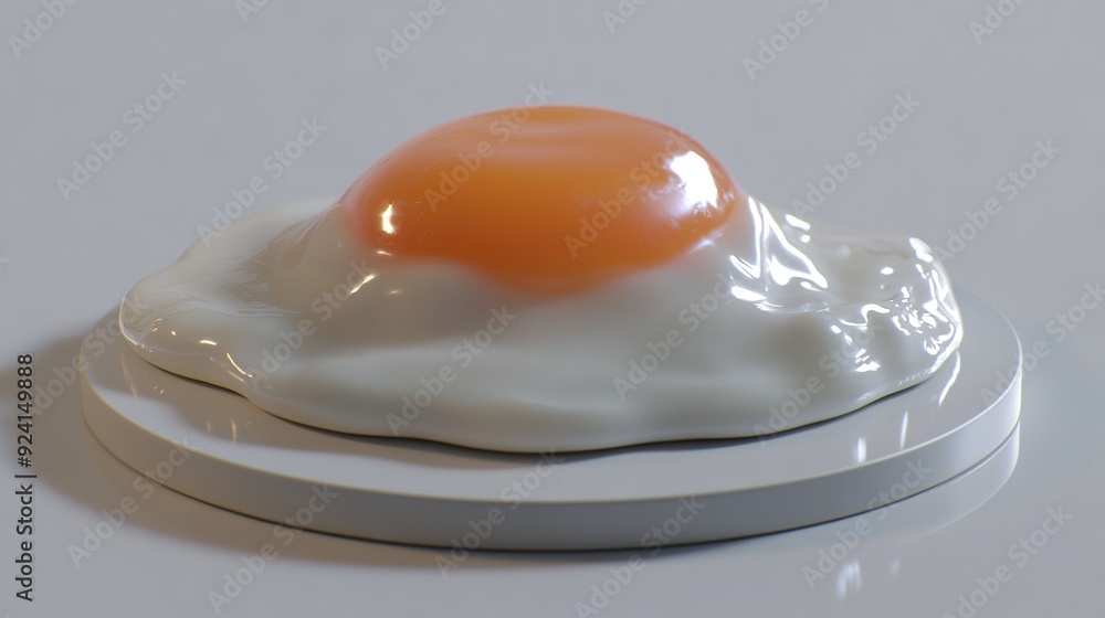 Poster an egg sits on a white table with two plates stacked below it