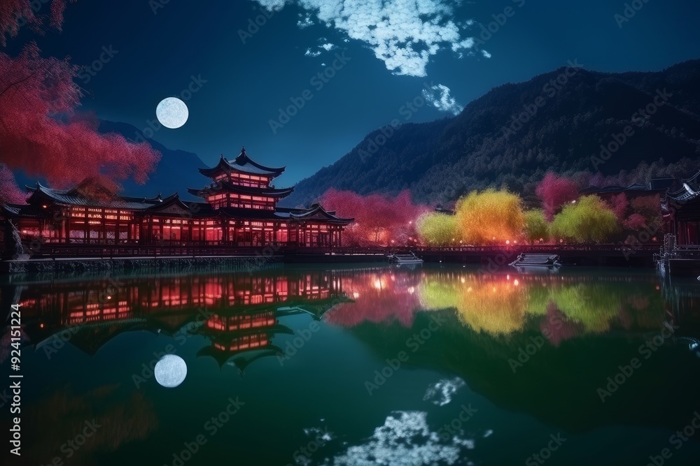 Wall mural Japanese temple in moonlight and blue water reflection