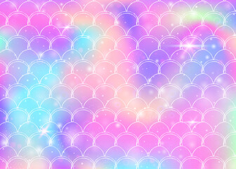 Rainbow scales background with kawaii mermaid princess pattern. Fish tail banner with magic sparkles and stars. Sea fantasy invitation for girlie party. Neon backdrop with rainbow scales.