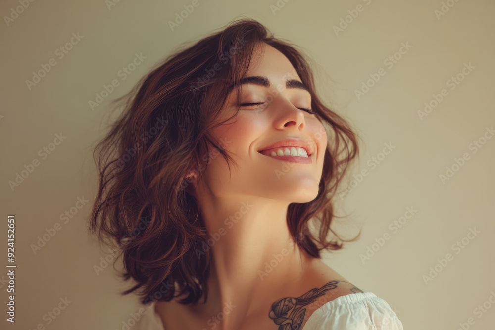 Wall mural a close up of a woman's face with tattoos and her eyes closed