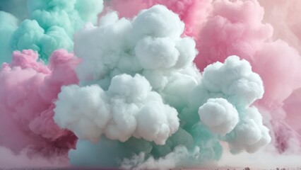 Fototapeta premium A delicate blend of pastel pink and blue clouds, resembling cotton candy, floating in a surreal, dreamlike atmosphere that feels light and airy