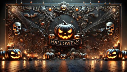 Spooky Halloween Banner Background with Glowing Jack-o'-Lanterns, Bats, Spider Webs, and Witch Hat - Perfect for Halloween Themed Designs and Decorations