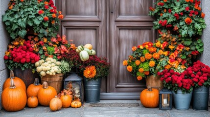 Obraz premium Vibrant pumpkins and colorful mums create a festive atmosphere on a charming front porch decorated for autumn