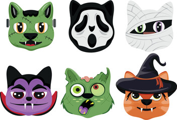 large set with Halloween characters, namely various cats in the image of Frankenstein, in a scream mask, mummies, Dracula and zombies, vector