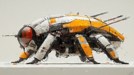   A robot with yellow and white colors perched on white paper against a white backdrop and gray surroundings