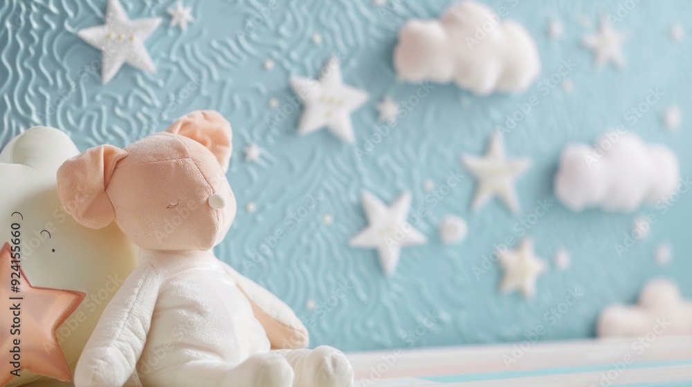 Poster a playful playroom with embossed wallpaper in a whimsical cloud and stars design adding charm and ch