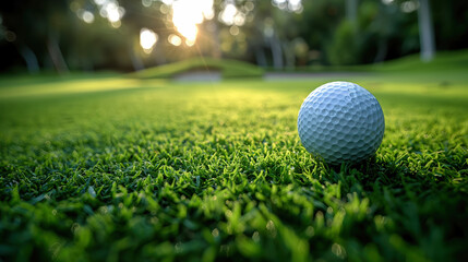 Obraz premium Sports image for golf with blurred background. Outside closeup with ball and grass. Mockup scene and text backdrop.