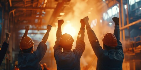 Diverse Group of Technicians Celebrating Success Together in Industry Factory