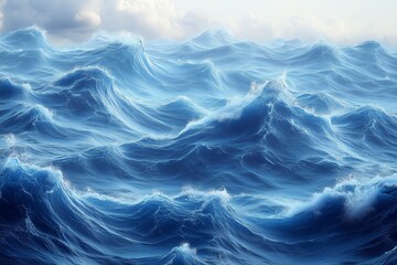 Fototapeta premium Waves crashing in a vibrant blue ocean under a partly cloudy sky during daylight