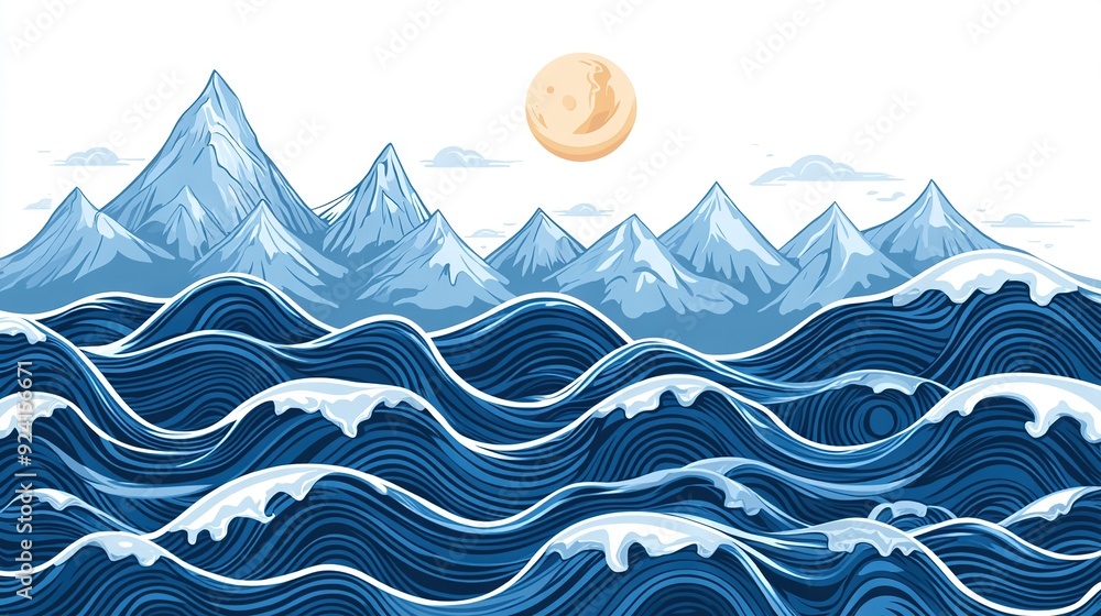 Poster a mountain range with a full moon in the sky and a wave in the foreground, with a full moon behind i