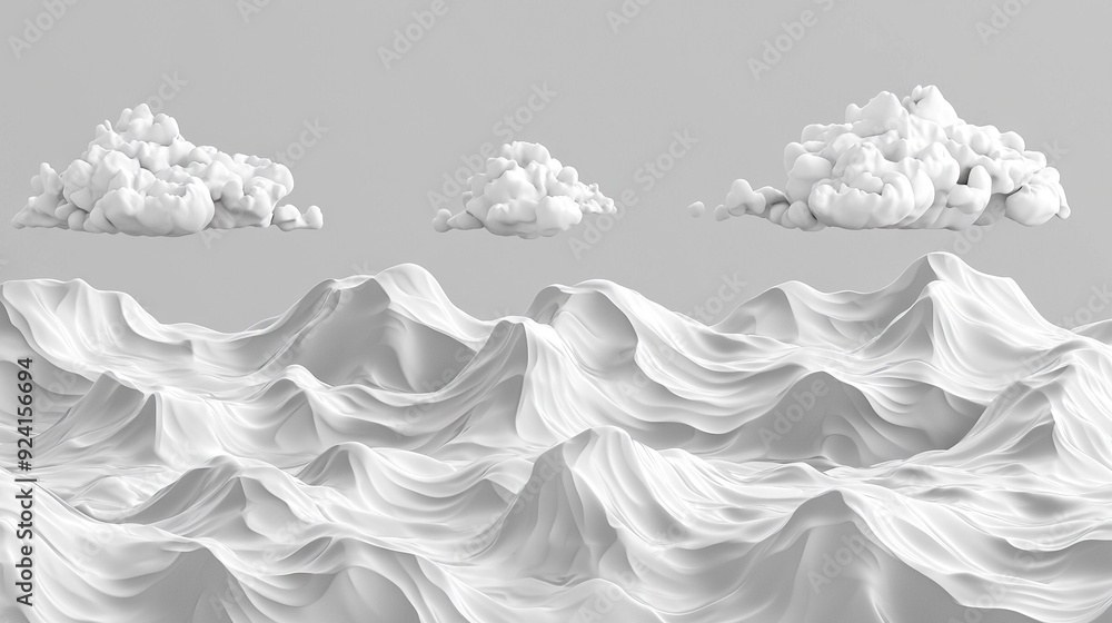 Poster monochrome image of a mountain landscape with cloudy sky and distant range in the background