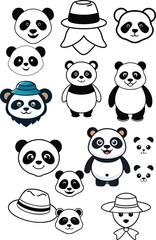 set of funny panda vector illustration, silhouette, logo icon and line art Bundle files 