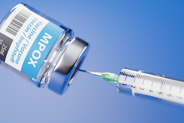 Fictitious vial of vaccine against Mpox (Monkeypox) with syringe stuck in