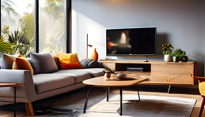Modern living room interior with television TV screen and sofa couch Furnished Apartment Home House Lounge