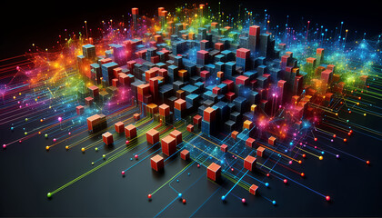 Vibrant 3D blocks connected by lines that symbolize networks, data, or cityscapes.