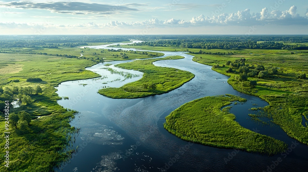Poster aerial view of river in lush green field surrounded by trees on either side