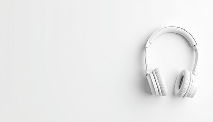 Fototapeta premium White over-ear headphones placed on a minimalistic white background, conveying simplicity.